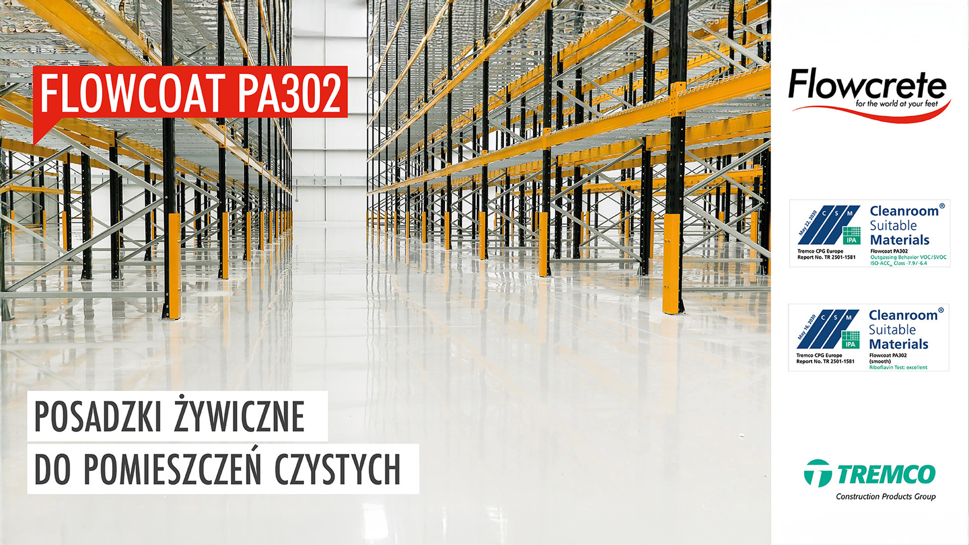 Szeroki wybór posadzek żywicznych Flowcrete z certyfikatem Cleanroom Suitable Materials®